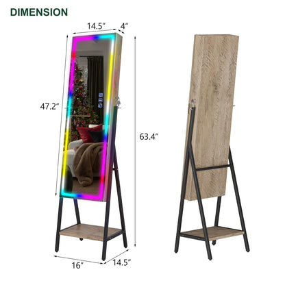 HNEBC RGB LED Mirror Jewelry Cabinet,Standing Jewelry Armoire Organizer Full Length Mirror with Storage, Lockable Jewelry Mirror for Women's Christmas Gift, 14 Lighting Modes (RGB-Wood) - WoodArtSupply