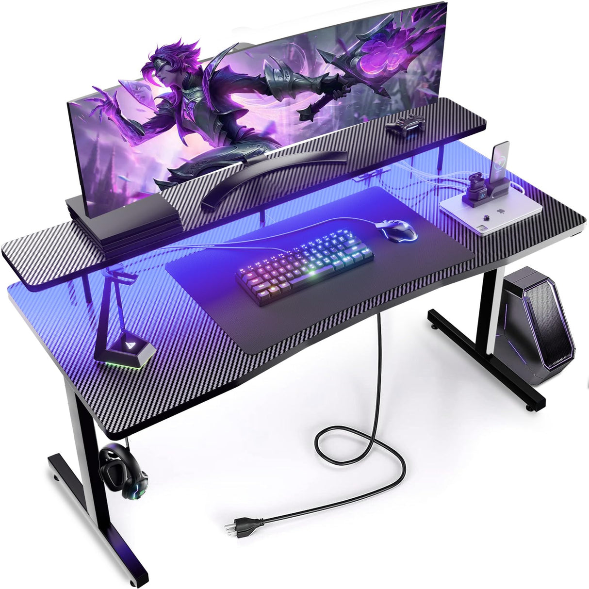 GTRACING 55 Inch Gaming Desk, Computer Gamer Desk with Monitor Stand, Ergonomic Carbon Fiber Surface Gaming Table with Power Outlet and Mouse Pad for Home Office, Colorful GTRACING