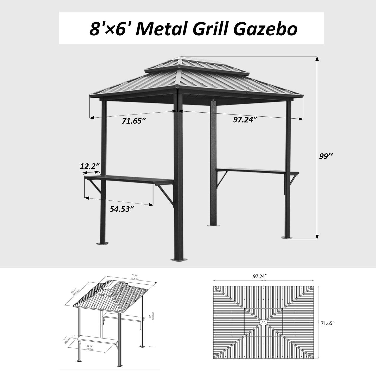 Domi Grill Gazebo 8' × 6', Outdoor Aluminum Frame BBQ Gazebo with Shelves Serving Tables and Hooks, Permanent Double Roof Gazebos for Patio Lawn Deck Garden (Dark Grey) - WoodArtSupply