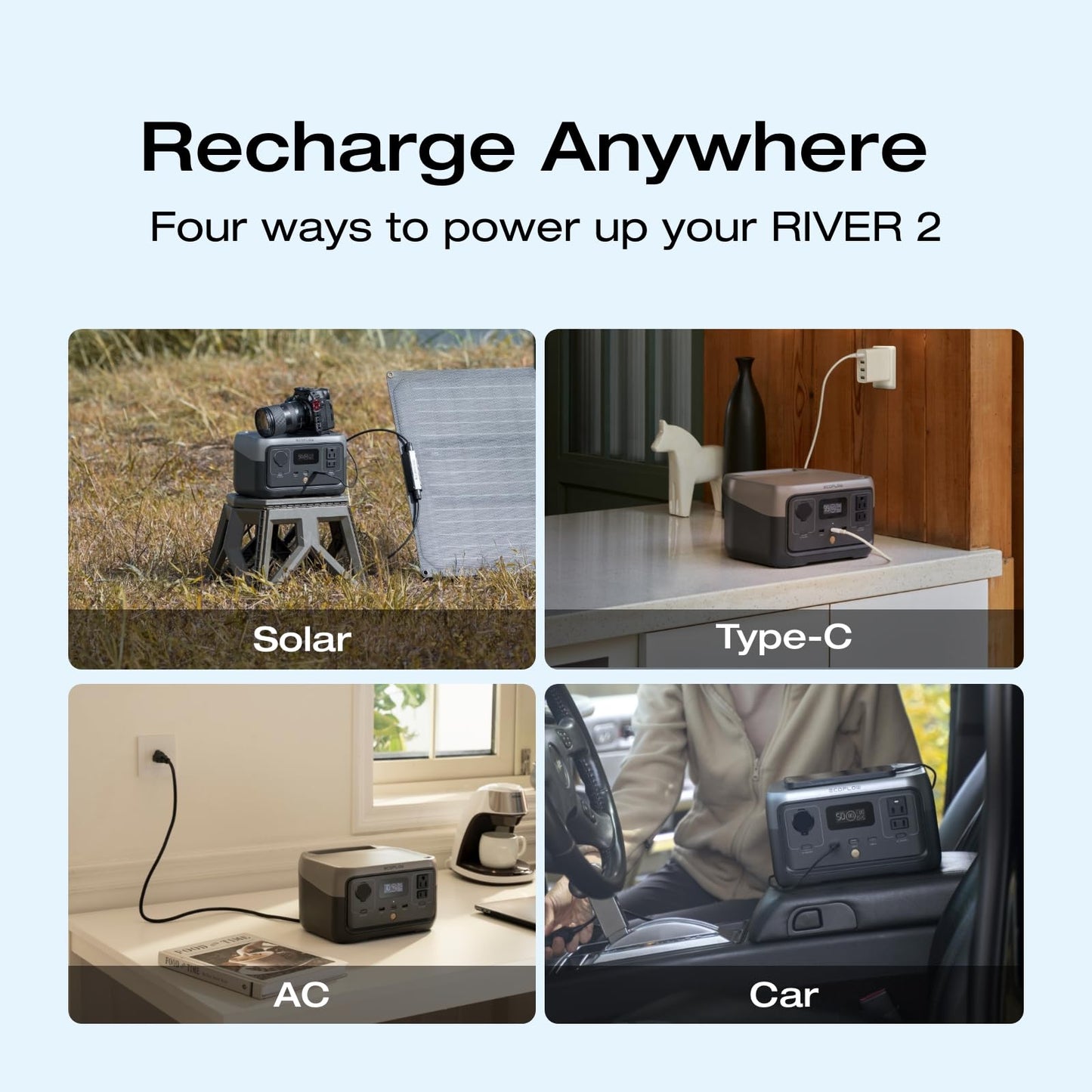 EF ECOFLOW RIVER 2 Portable Power Station, 256Wh LiFePO4 Battery, 1-Hour Fast Charge, Up to 600W AC Outlets, Solar Generator for Camping/Outdoor/Home Backup, Includes Solar Charging Cable - WoodArtSupply