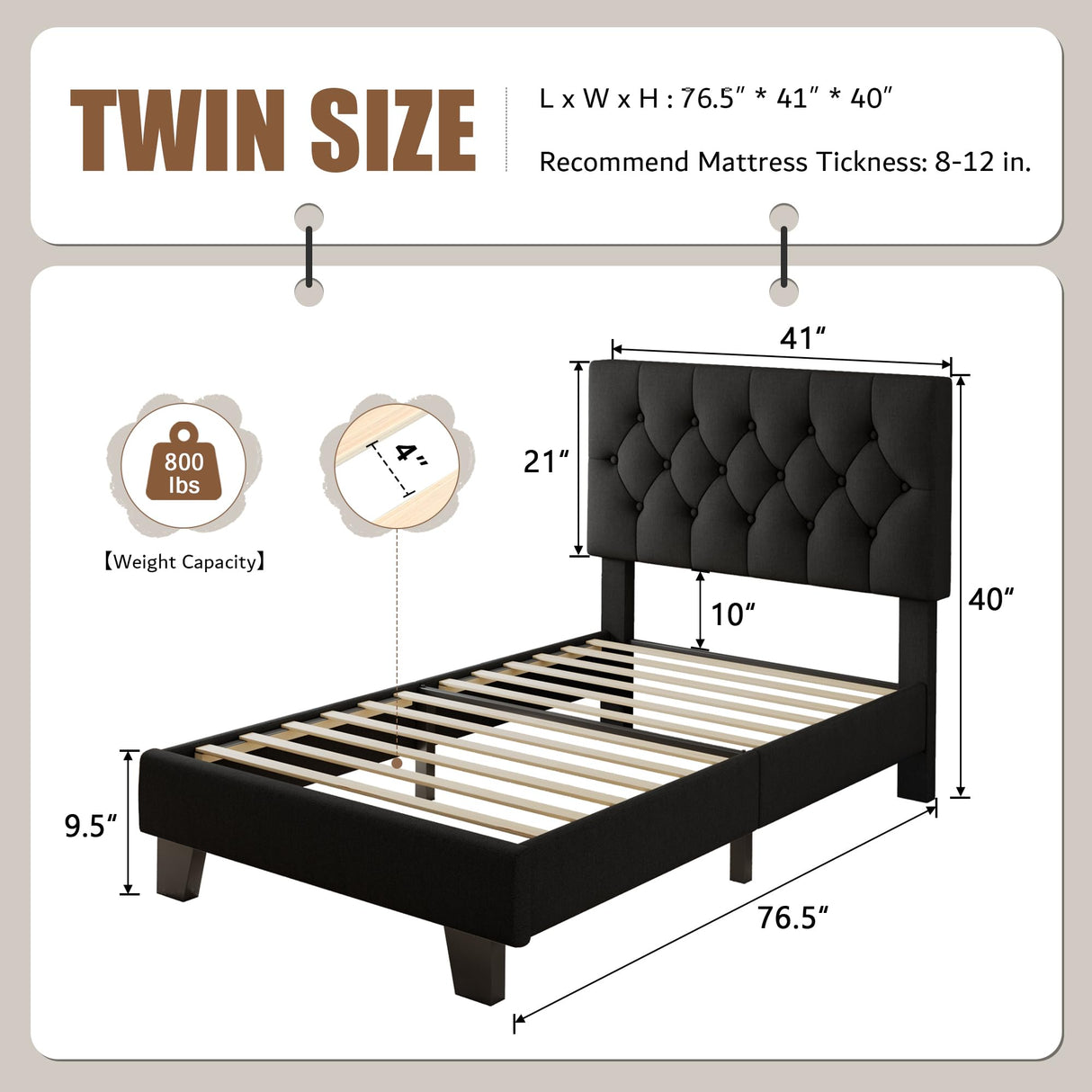iPormis Upholstered Twin Size Bed Frame with Button Tufted Headboard, Linen Platform Bed with Thickened Support Legs, Padding Edge Design/Noise-Free/No Box Spring Needed, Black iPormis