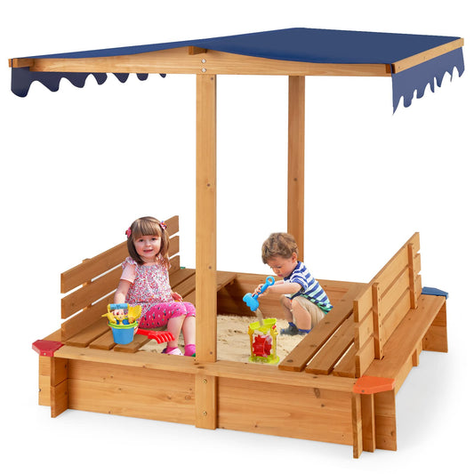 HONEY JOY Kids Sandbox with Canopy, 47” x47” Cedar Wooden Sand Pit with Liner, Flexible Bench Seat w/Backrest, Outdoor Square Sand Boxes for Kids Backyard, Gift for Boys Girls Age 3+