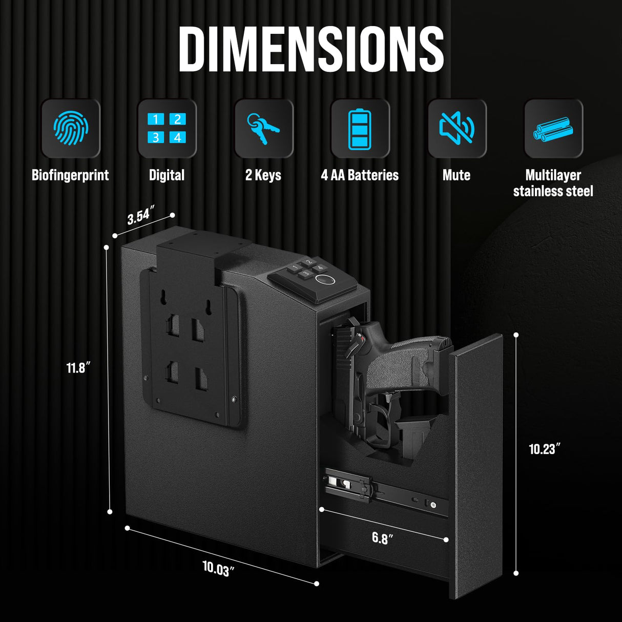 CLUTTO Biometric Slider Gun Safe for Handgun, Fingerprint Gun Safe Supports Quickly Access with 3 Ways, Fingerprint, PIN Code and Key, Hidden Gun Safe Box for Cloakroom Nightstand and Vehicle. Black CLUTTO