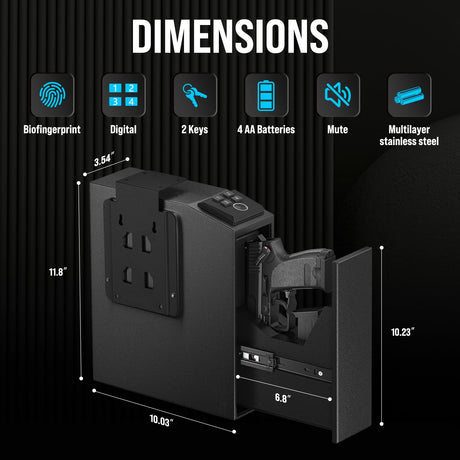 CLUTTO Biometric Slider Gun Safe for Handgun, Fingerprint Gun Safe Supports Quickly Access with 3 Ways, Fingerprint, PIN Code and Key, Hidden Gun Safe Box for Cloakroom Nightstand and Vehicle. Black CLUTTO