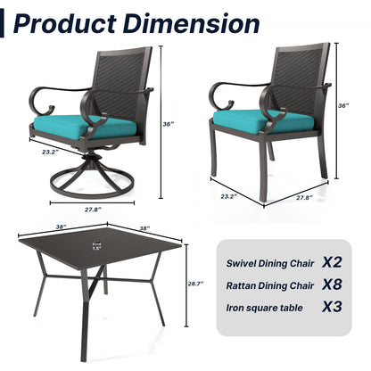 RTDTD 13 Pieces Outdoor Dining Set Patio Dining Table and Chairs Set Outdoor Furniture Set with 3 Square Metal Dining Tables with Umbrella Hole，10 Wicker Patio Chairs with Blue Cushions - WoodArtSupply