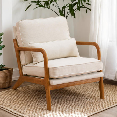 Karl home Accent Chair Mid-Century Modern Chair with Pillow Upholstered Lounge Arm Chair with Solid Wood Frame & Soft Cushion for Living Room, Bedroom, Balcony, Beige (Low Back) Karl home