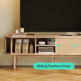 LINSY HOME TV Stand for 65" TV, Mid-Century Modern 58" Entertainment Center with Sliding Tambour Door and Storage Cabinet, Cruved TV Media Console Table for Living Room, Bedroom, Oak LINSY HOME