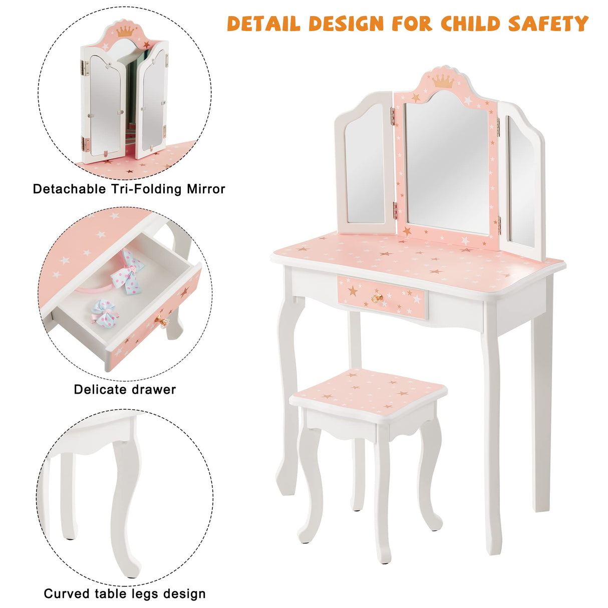Nromant Kids Vanity Table and Chair Set, Girls Vanity Set with Stool, Tri-Folding Mirror, Makeup Dressing Princess Table with Drawer for Little Girls Nromant