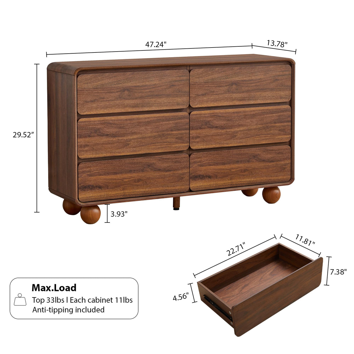 AVZEAR Modern 6 Drawer Dresser for Bedroom, 48" Wide Wooden Dresser Chest of Drawers, Handle Free & Curved Profile Design, Mid Century Closet Clothes Storage Organizer for Living Room, Walnut AVZEAR