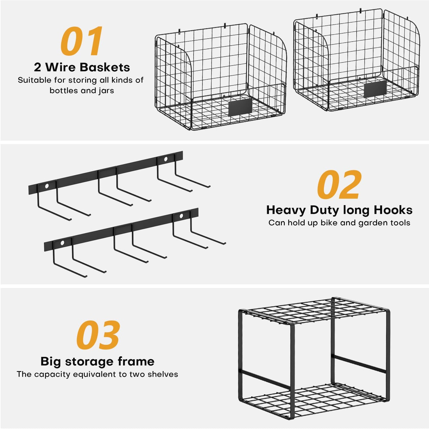 ALIESTFDNO Garage Shelves Wall Mount with Wire baskets, 8-IN-1 Heavy Duty Garage Wall Shelving with Garden Tool Rack 2pack & 6pcs Hooks, Wire Shelf Baskets Tool Shelves for Home Garage Garden Storage