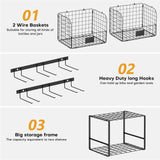 ALIESTFDNO Garage Shelves Wall Mount with Wire baskets, 8-IN-1 Heavy Duty Garage Wall Shelving with Garden Tool Rack 2pack & 6pcs Hooks, Wire Shelf Baskets Tool Shelves for Home Garage Garden Storage ALIESTFDNO