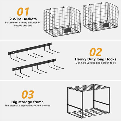 ALIESTFDNO Garage Shelves Wall Mount with Wire baskets, 8-IN-1 Heavy Duty Garage Wall Shelving with Garden Tool Rack 2pack & 6pcs Hooks, Wire Shelf Baskets Tool Shelves for Home Garage Garden Storage