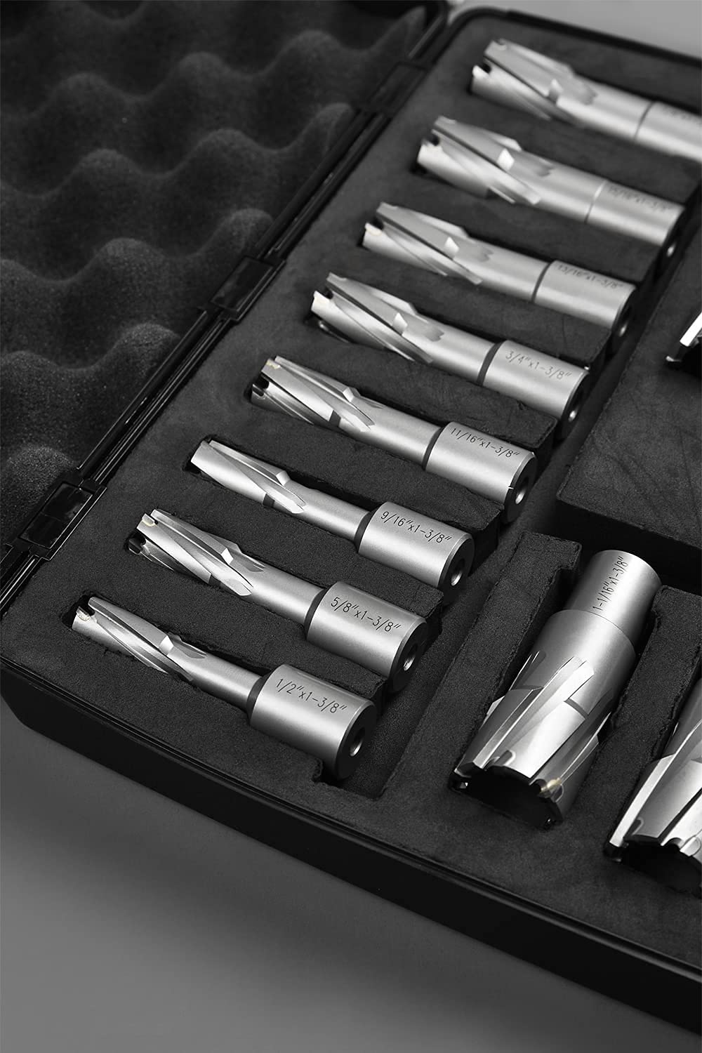 Annular Cutter Set Carbide TCT 13 pcs JESTUOUS 3/4 Inch Weldon Shank 1-3/8 Cutting Depth and Cutting Diameter from 1/2 to 1-1/8 Two Flat Bit for Drill Press with 2 Pilot Pins - WoodArtSupply