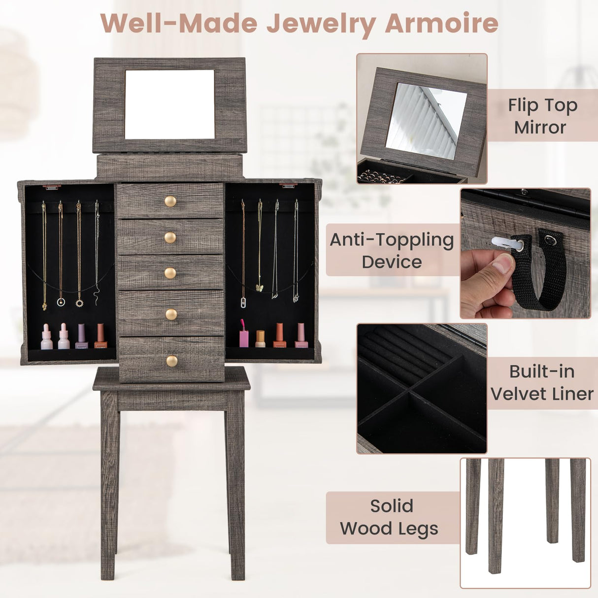 Giantex Jewelry Cabinet Armoire with 5 Drawers, 2 Side Doors with 8 Necklace Hooks, Top Flip Mirror, 4-Compartments Organizer, Standing Wood Jewelry Storage Chest, Antique, Washed Gray Giantex