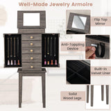 Giantex Jewelry Cabinet Armoire with 5 Drawers, 2 Side Doors with 8 Necklace Hooks, Top Flip Mirror, 4-Compartments Organizer, Standing Wood Jewelry Storage Chest, Antique, Washed Gray Giantex