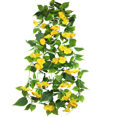 CISDUEO 2 Pcs Artificial Vines Silk Morning Glory Vines for Outdoor 15Feet Hanging Plants Garland Yellow Fake Green Plant Morning Glories for Home Decor Wall Fence Stairway Wedding Hanging Baskets
