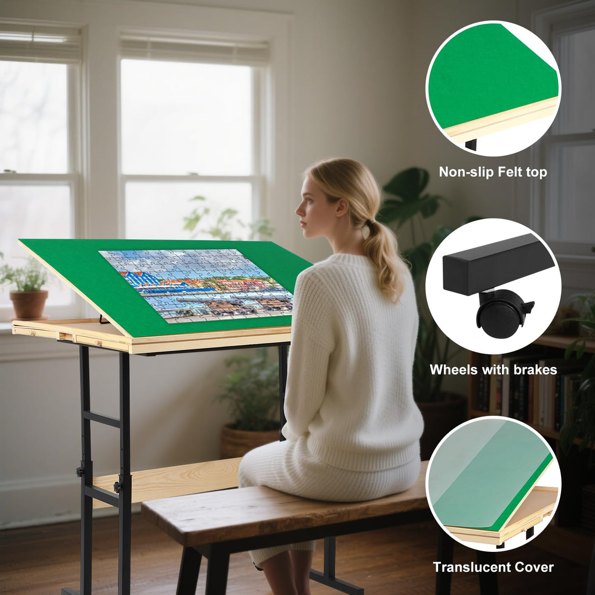 Dollate 1500 Piece Jigsaw Puzzle Table with Legs,35"x27"Adjustable Puzzle Tables for Adults, 3-Tilting-Angle Portable Wooden Jigsaw Puzzle Board Portable with 4 Drawers Dollate