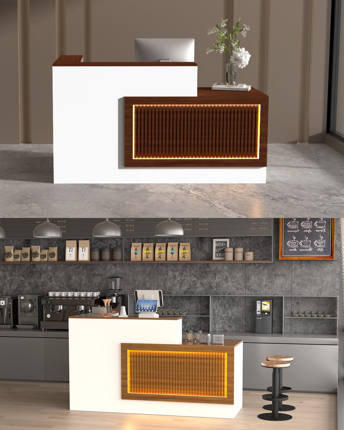 60″/71″ Modern Desk with Counter and Drawers, L Shaped Reception Desk with LED Lights, Made of Multi-Layer Solid Wood，Suitable for Lobby, Salon, Retail, Corporate Hall (Walnut-Right, 71″) Generic