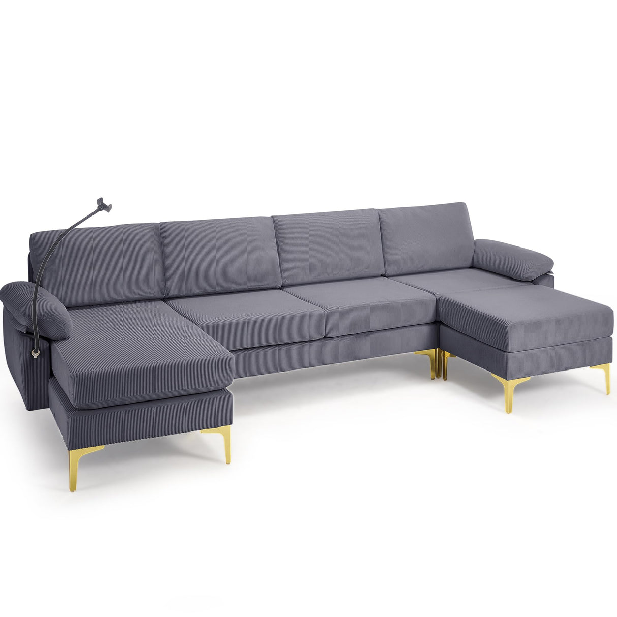 UPHYB 114” U-Shaped Sectional Sofa Couch,Corduroy Convertible 4 Seater Sofa Set with Chaise Lounge,Ottoman and Detachable Phone Holder,Comfy L Couch for Living Room,Bed Room and Apartment(Grey) UPHYB