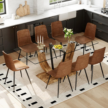JEARGE 71" Glass Dining Table Set for 8, 9 Piece Dining Table Set,Tempered Glass Table Top with U-Shaped Legs and Fabric Dining Chairs,Ideal for Kitchens, Living Rooms JEARGE