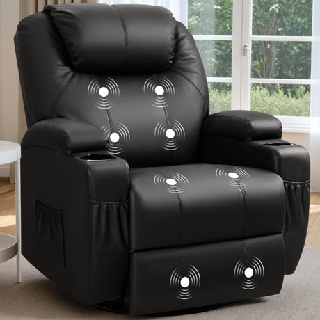 Recliner Chair, 360° Swivel Rocker Chair for Adults, Rocking Recliner Chair with Massage, Comfy Single Sofa with Side Pockets Cup Holders for Living Room, Bedroom, Nursery (Leather, Black) Furmax
