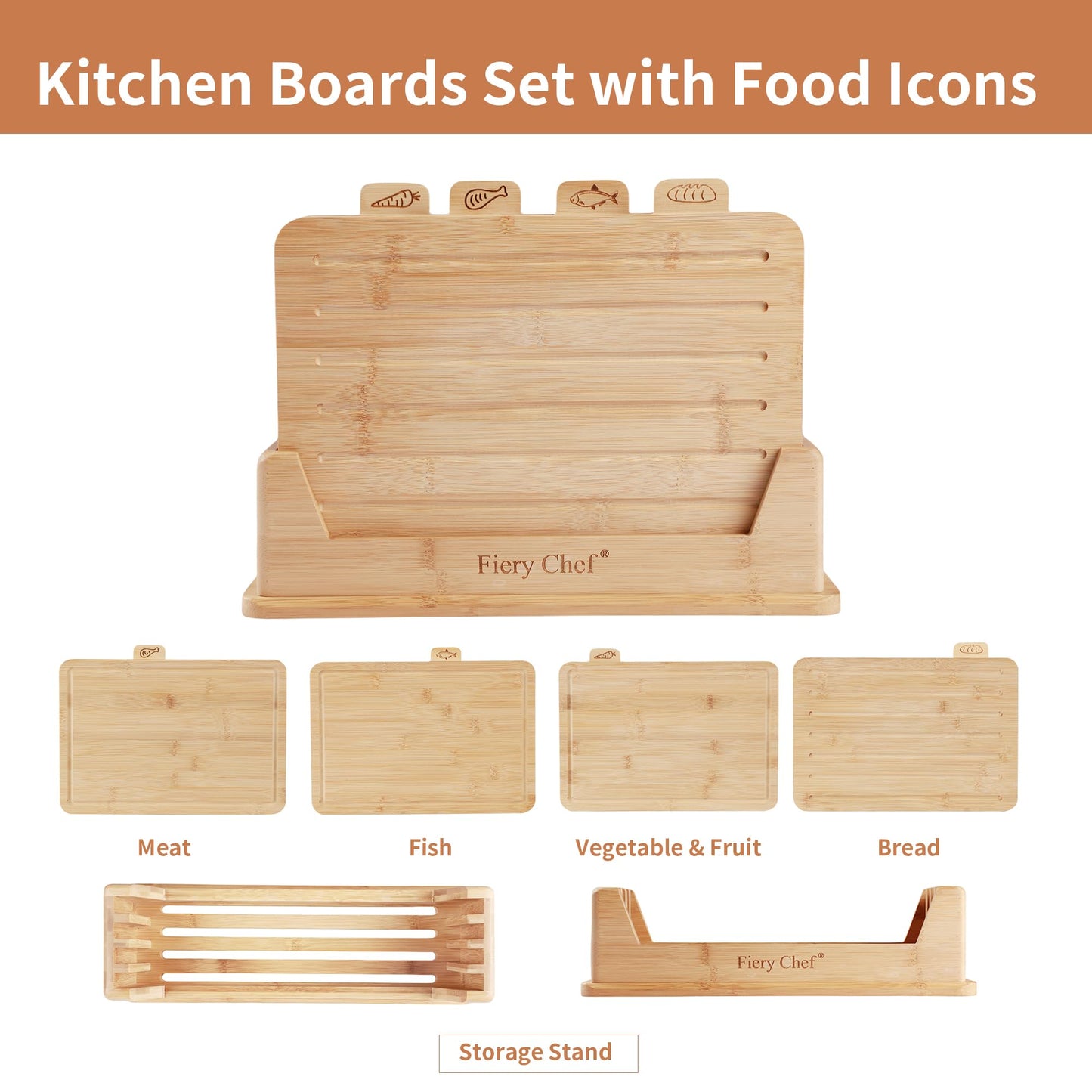 Fiery Chef Bamboo Cutting Board Set of 4 - Wood Cutting Board Set with Holder, Chopping Boards Set with Food Icons, Juice Groove - Ideal for Meat, Fish, Bread, Vegetable, Fruit Chopping - WoodArtSupply