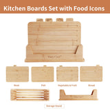 Fiery Chef Bamboo Cutting Board Set of 4 - Wood Cutting Board Set with Holder, Chopping Boards Set with Food Icons, Juice Groove - Ideal for Meat, Fish, Bread, Vegetable, Fruit Chopping Fiery Chef