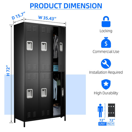 Aobabo Metal Storage Locker for Office Gym Bedroom Dormitory, 6 Doors Steel Storage Locker Cabinet for Employees, Industrial Storage Locker with 12 Hooks, Black (6 Door-Black), Assembly Required Aobabo