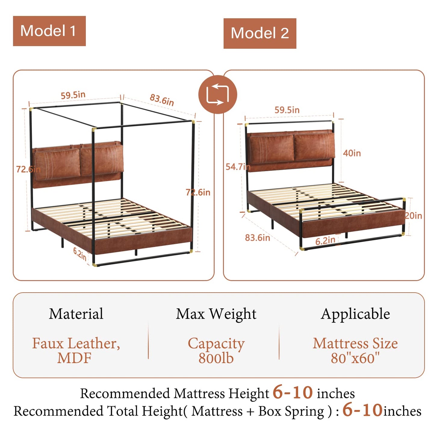 Canopy Bed Frame Queen Size with Upholstered Headboard, Canopy Bed with Removable Canopy Posts, No Springs Required, Easy to Assemble. (Brown, Queen)