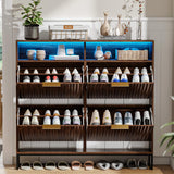 VINGLI Fluted Shoe Cabinet Storage for Entryway,Hidden Shoes Storage Cabinet with 4 Flip Drawers, Mid Century Modern Shoe Rack with LED Light,Shoes Organizer with Cubby for Hallway(Dark Walnut) VINGLI