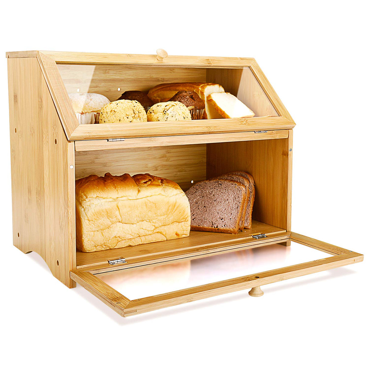 HOMEKOKO Double Layer Large Bread Box for Kitchen Counter, Wooden Large Capacity Bread Storage Bin (Natural Bamboo) HOMEKOKO