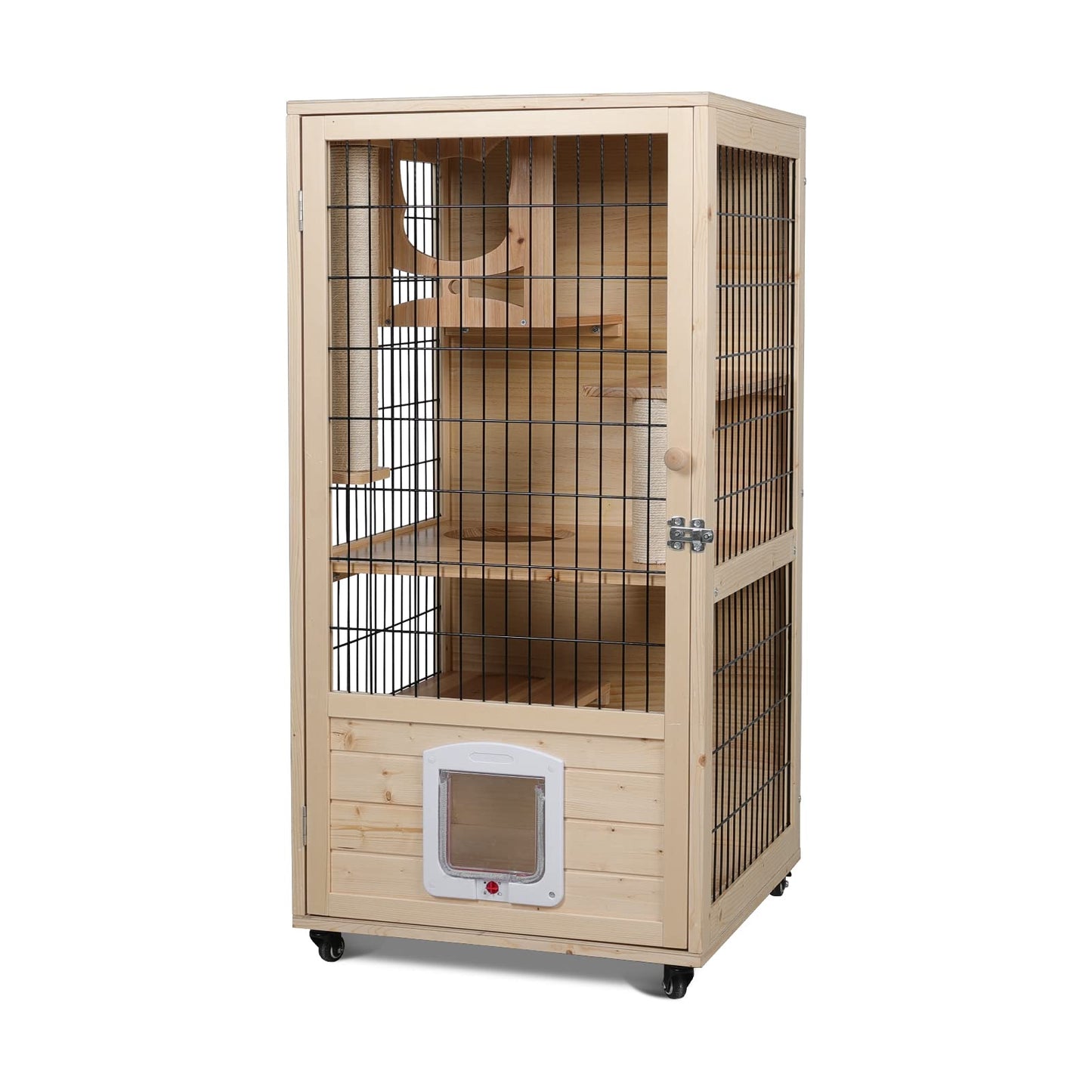 PANTAZO Wooden Cat House Large Space Cat Cage with Scratching Post and Lockable Wheels Double Layer Cat House with Escape Door Outdoor/Indoor (Medium) - WoodArtSupply