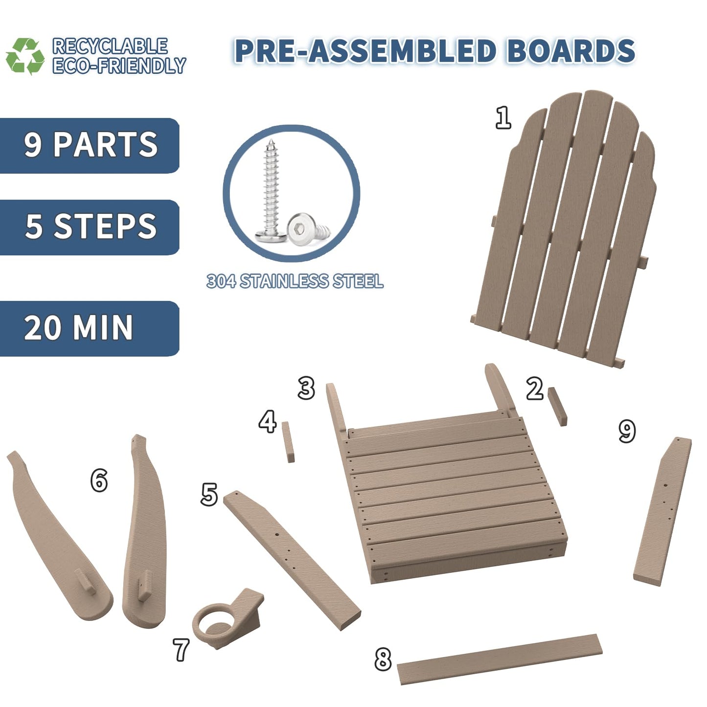 Adirondack Chair with Ottoman, Folding Adirondack Chair with Cup Holder, Weather Resistant, HDPE Pre-Assembled Outdoor Chairs for Porch, Pool, Deck, Backyard, Garden, Weathered Wood