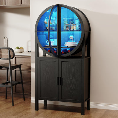 BROTTAR Rounded Kitchen Pantry, Bar Display Cabinet with LED Lights, 65" Tall Wine Storage Cabinet with Glass Doors & Shelves, Modern Liquor Cabinets for Dining Room, Kitchen, Living Room,Black
