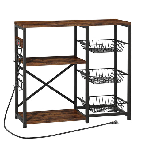 Homeiju Kitchen Island, Baker's Rack with Power Outlet, Microwave Stand, Coffee Bar with 3 Removable Wire Baskets, Kitchen Storage Rack with 6 S-Hooks for Spices, Pots and Pans - Rustic Brown Homeiju