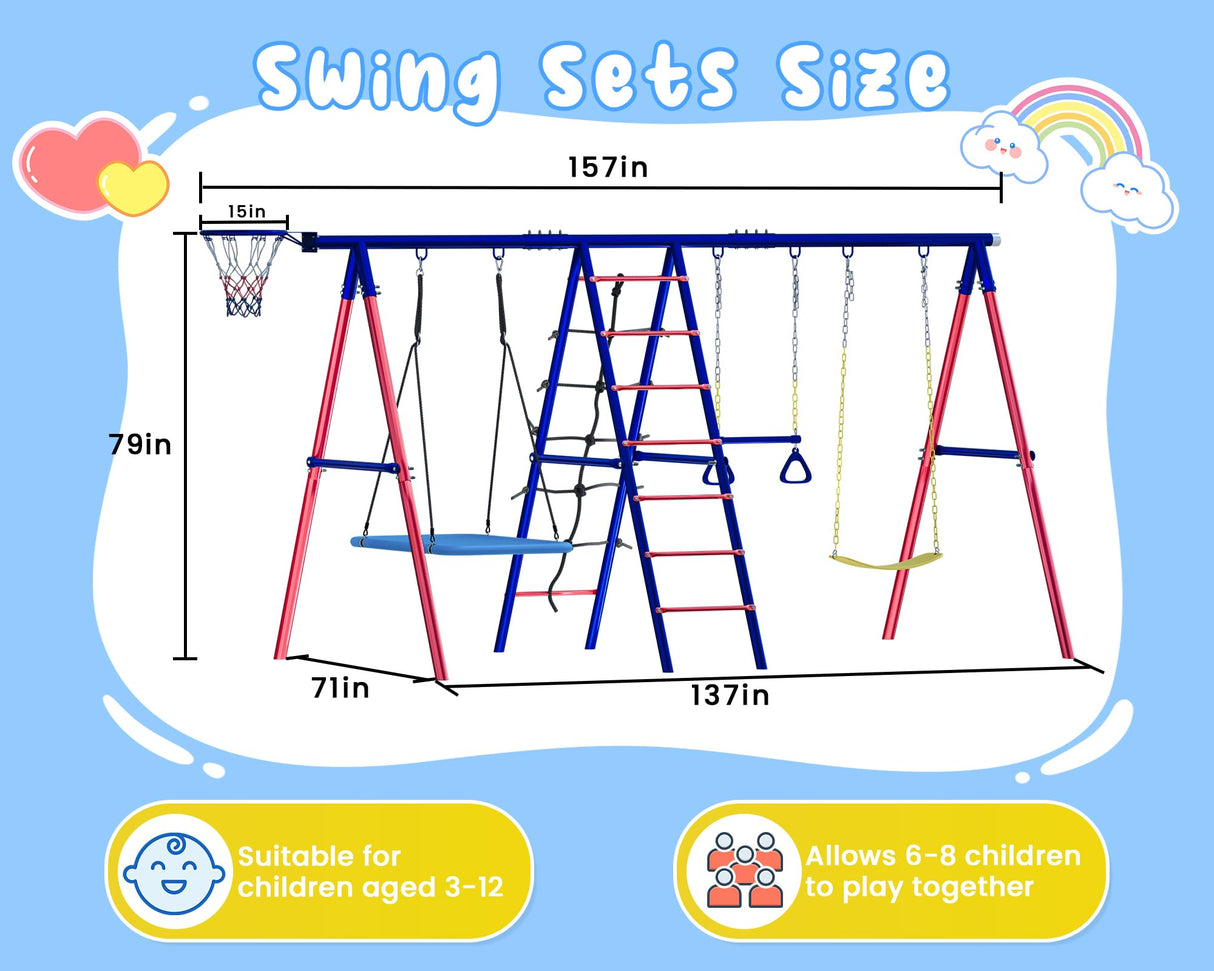 Swing Sets for Backyard, 6 in 1 Multifunction Swing Set Outdoor for Kids 3-12, Heavy Duty Metal Swing Sets with 2 Swings Climbing Ladder and Nets, Trapeze Bar, Basketball HoopPlayset BUPPLEE
