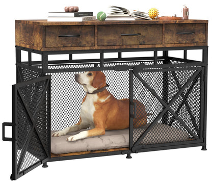 Dog Crate Furniture, 43.3inch Heavy Duty Dog Kennel with 3 Fabric Drawers and Storage, Dog Crate Side End Table for Entryway, Indoor Furniture-Style Dog House Cage for Large Medium Small Dogs, Brown