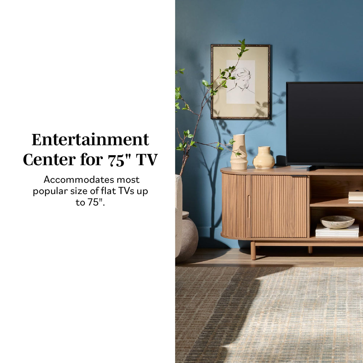 Walker Edison Chloe Curved Reeded TV Stand, Sliding Doors, 75 Inch, 70 inch, Mocha Walker Edison