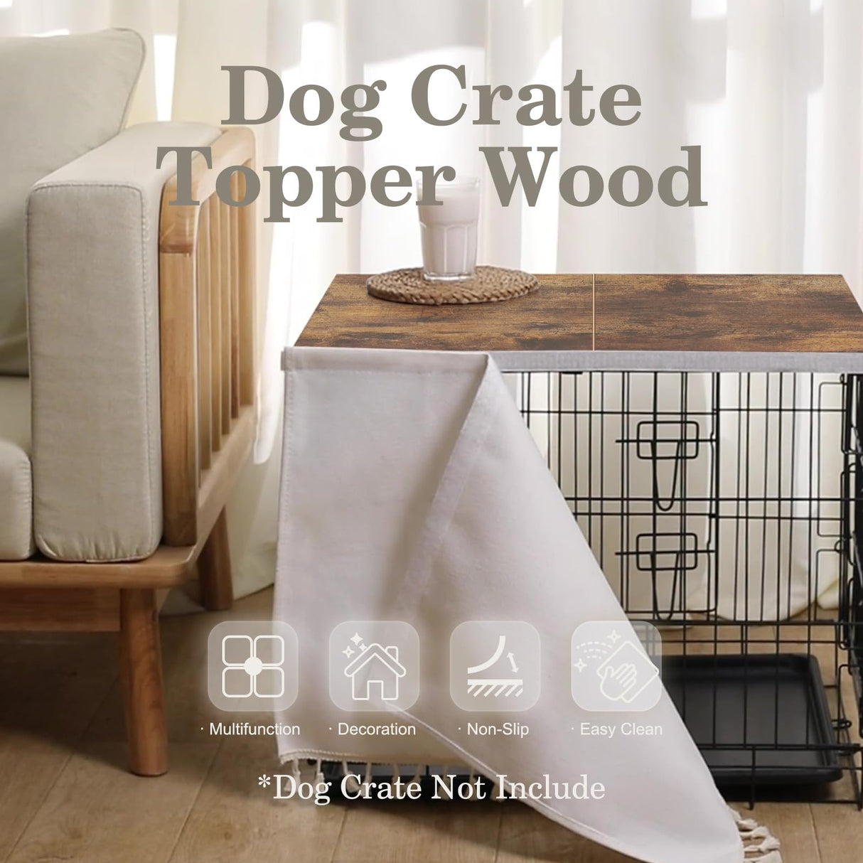 VIE DE AMAN Dog Crate Topper Wood for 24 30 36 42 48 inch Cages, Dog Crate Table Topper Foldable Dog Kennel Topper with Tassel Curtain, Rustic Style Top Rustic Brown(Crate Not Include) VIE DE AMAN