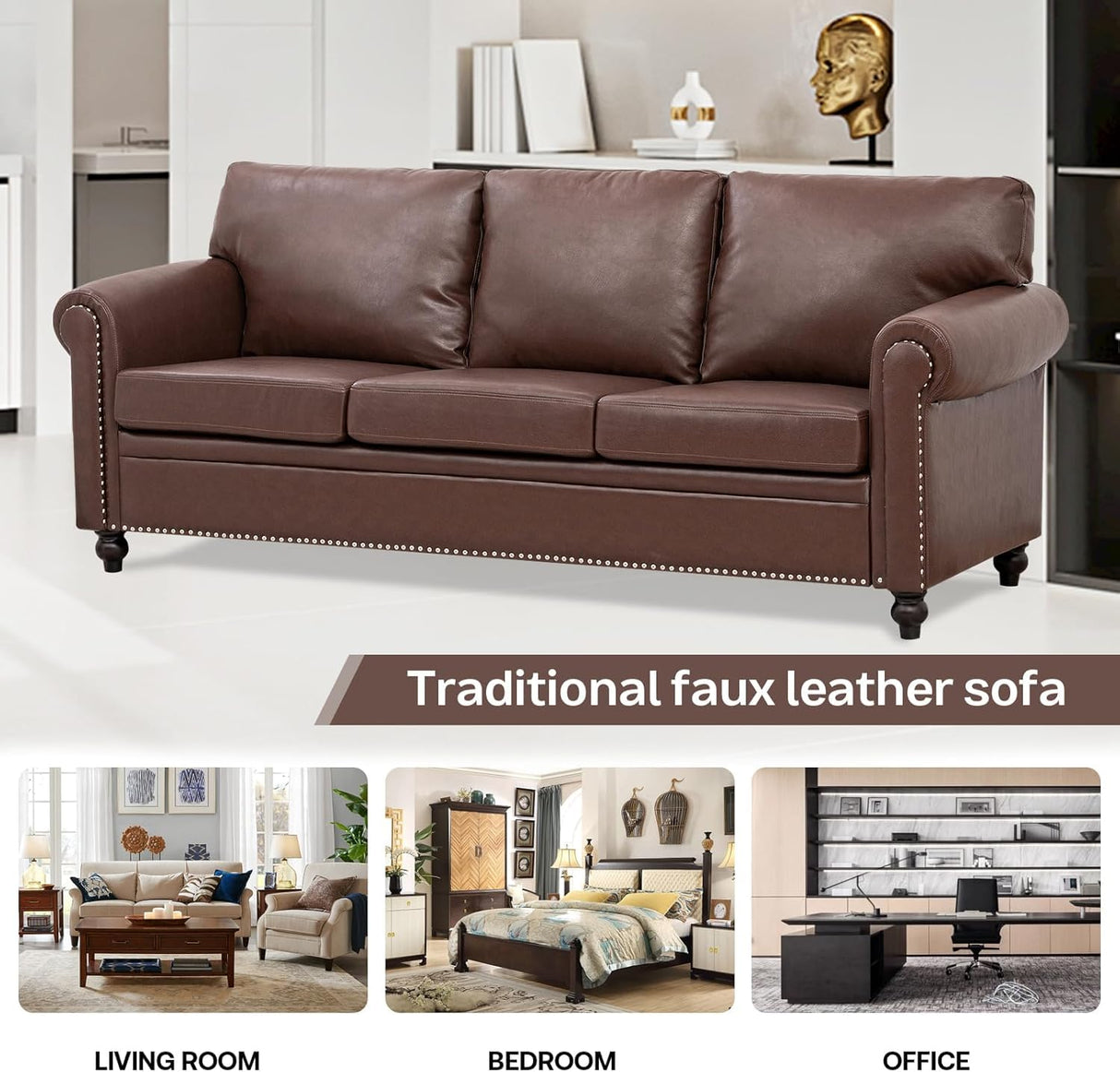 Brown Leather Couch, Comfy Classic 3 Seater Living Room Sofa，Mid-Century Modern Sofa with Detachable Cushions 84" for Living Rooms, Bedrooms, Offices,Apartments Tool-Free Assembly(Brown PU + Sofa) INOTEVERITORY