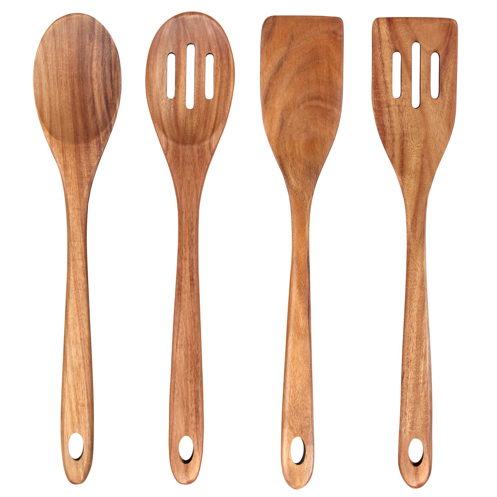 4-Piece 14" Large Wooden Utensils Set for Cooking Spatula Long Handled Slotted Spoon Non-Stick Utensil Slotted Turner Mixing Spoons with Hole Best Wood Kitchen Spatula Stirring Serving Spoons - WoodArtSupply