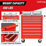 lunhung 7 Drawers Metal Rolling Tool Chest on Wheels, Tool Storage Cabinet Metal Tool Box with Lock, Multifunctional Drawers Rolling Tool Cart for Garage, Warehouse, Workshop, Repair Shop (Red) lunhung