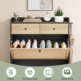 Jocoevol Rattan Shoe Cabinet Storage with 2 Flip Drawers & 2 Drawers, Freestanding Narrow Wood Shoe Cabinet with Metal Legs for Entryway Hallway, Light Black Jocoevol