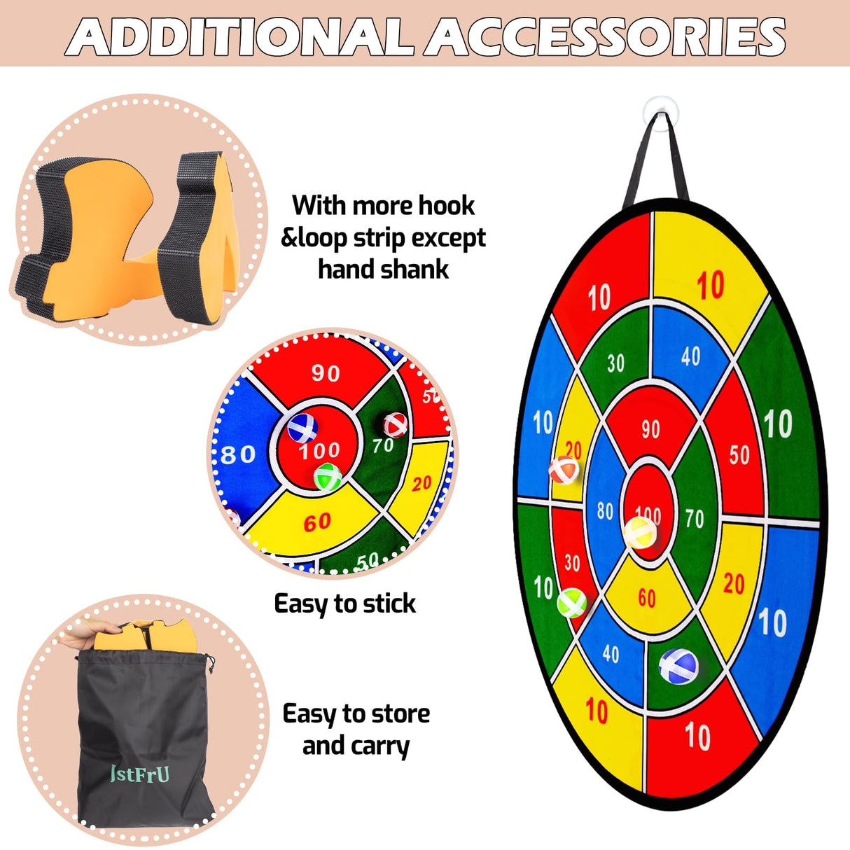 JstFrU Foam Axe Throwing Game Set,26 inch Large Dart Board,Indoor Outdoor Target Game,Includes a 26 Inch Double-Sided Easy Fold Target,2 Foam Axes,12 Sticky Balls,a Carry Bag,2 Hooks JstFrU