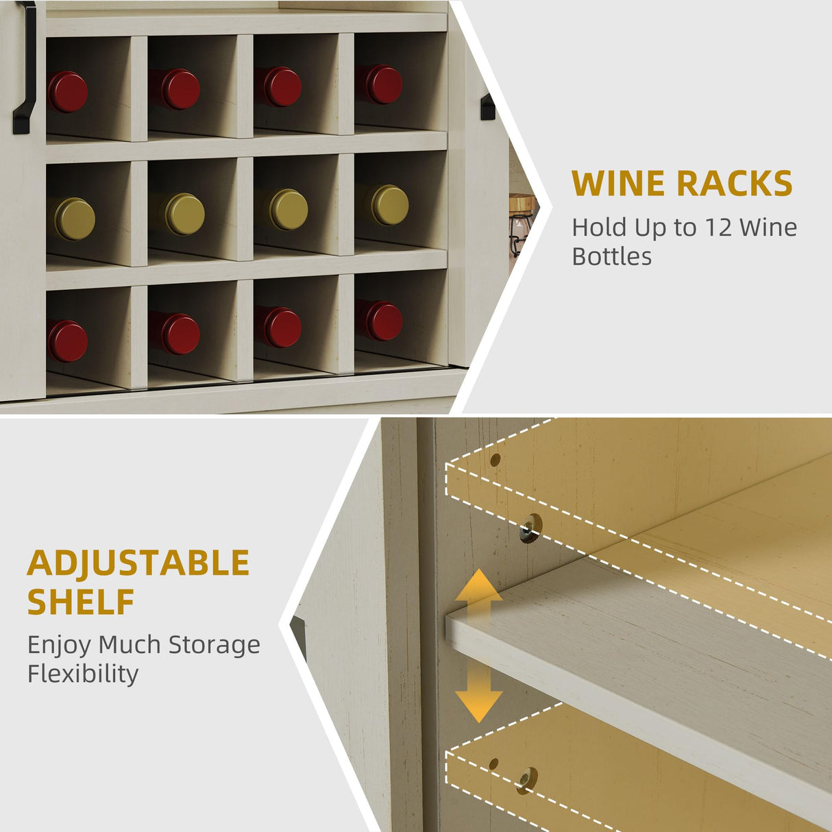 DWVO Farmhouse Wine Bar Cabinet with Power Outlet, 53" Farmhouse Home Bar Cabinet Buffet Cabinets with Wine & Glass Rack for Kitchen, Dining Room, Antique White DWVO