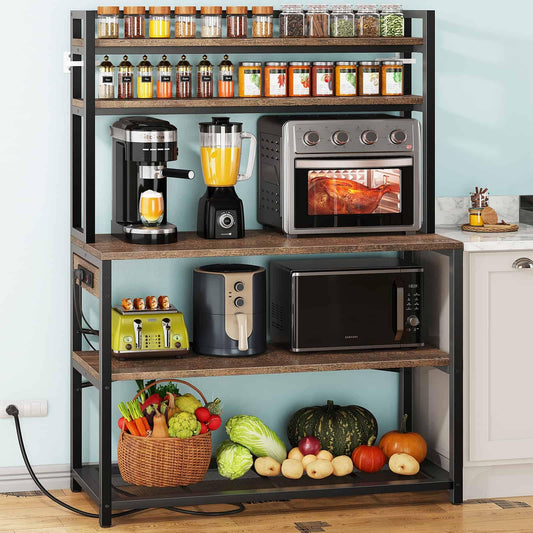 Denkee 39.4 Inch Wide Large Bakers Rack with Power Outlets, 5-Tier Microwave Stand with Storage, Coffee Bar Stand, Industrial Kitchen Storage Shelf, Rustic Brown