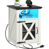 Livofloral Farmhouse End Tables with Charging Station, LED Nightstand with Power Outlets, Bedside Table with Charger Station, White Side Table for Living Room with Storage & Barn Door Livofloral