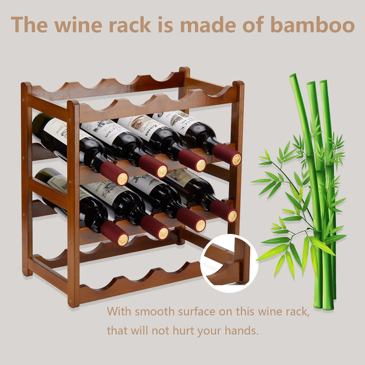 Homevany Bamboo Wine Rack,4 Tier, Wine Bottle Holder, Hold 16 Bottles for Home Kitchen, Dinging Room, Pantry, Cabinet, Bar Homevany