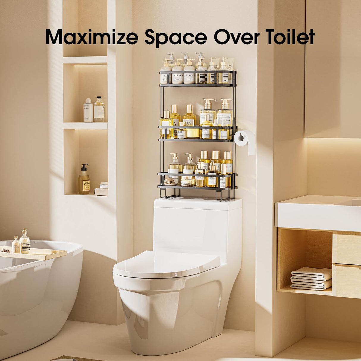 LAMU 3-Tier Over-The-Toilet Storage Shelf, Bathroom Organizer, Large Capacity, No-Drill Installation, Rust-Resistant Thick Material, Perfect for Bathroom Shelf, Black LAMU