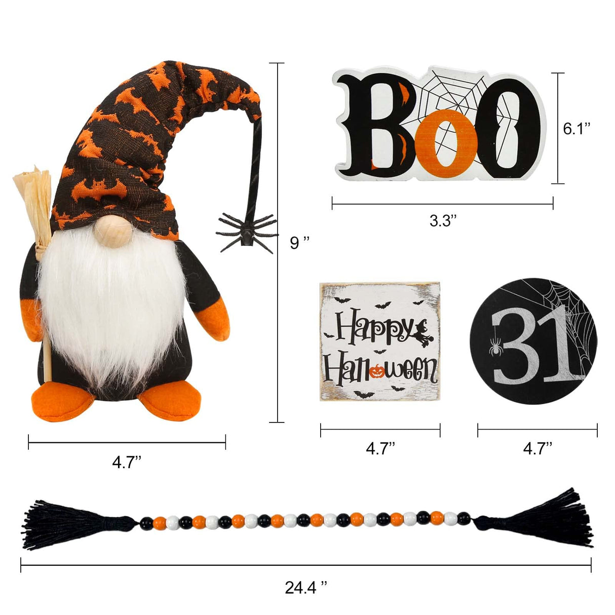 Halloween Decor - Halloween Decorations - BOO Happy Halloween Wooden Signs - Cute Gnomes Plush and Bead Garland - Farmhouse Rustic Tiered Tray Decor Items for Home Table House Room ORIENTAL CHERRY